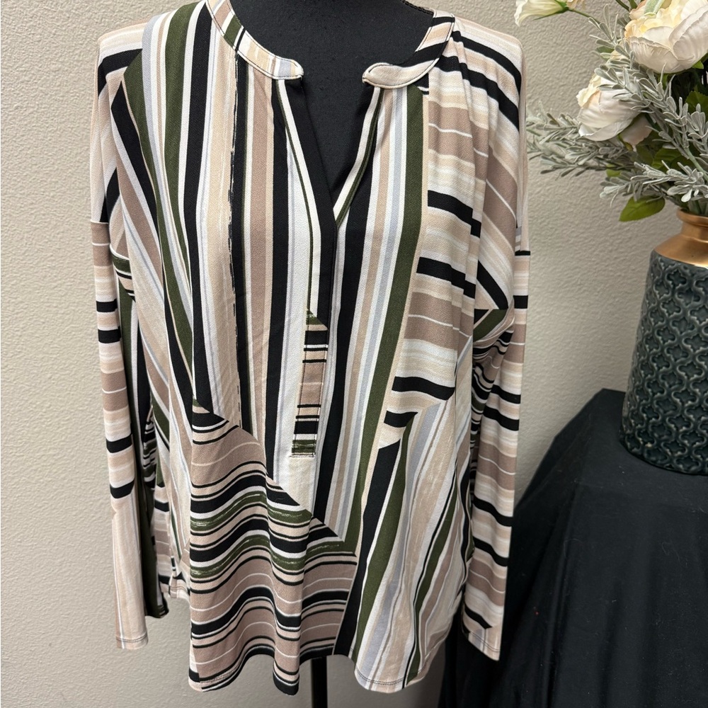 Dana Buchman Striped Split Neck Tunic Top Olive Black Cream XL
